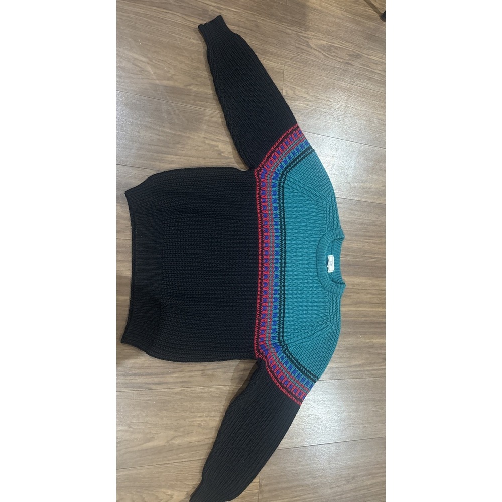 Vtg 1991 GAP Wool Sweater XL Chunky Knit Fair Isle Blocked Teal Black Mens